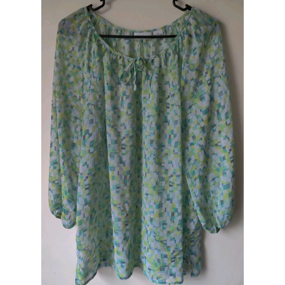 Liz Claiborne Sheer Long Sleeve Keyhole Tie Neck Blouse Green/Yellow/White Large